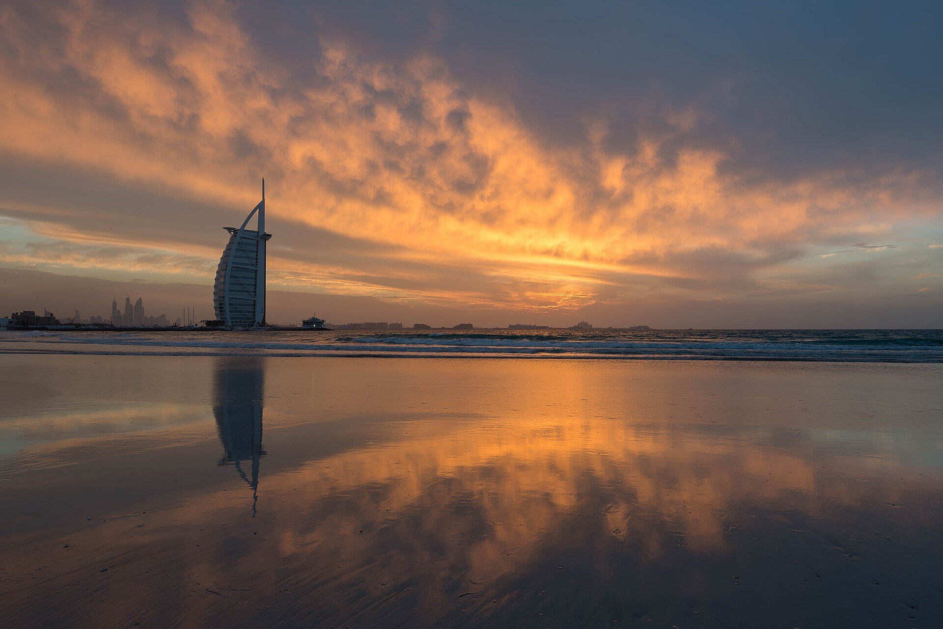 The Burj Al Arab hotel in Dubai, UAE, during sunset