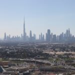 Dubai skyline with Burj Khalifa on a hot clear day
