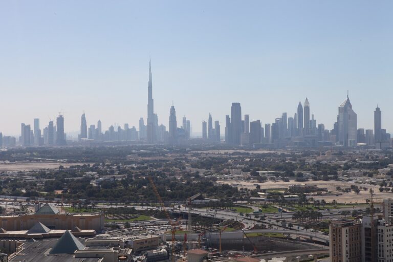 Dubai skyline with Burj Khalifa on a hot clear day