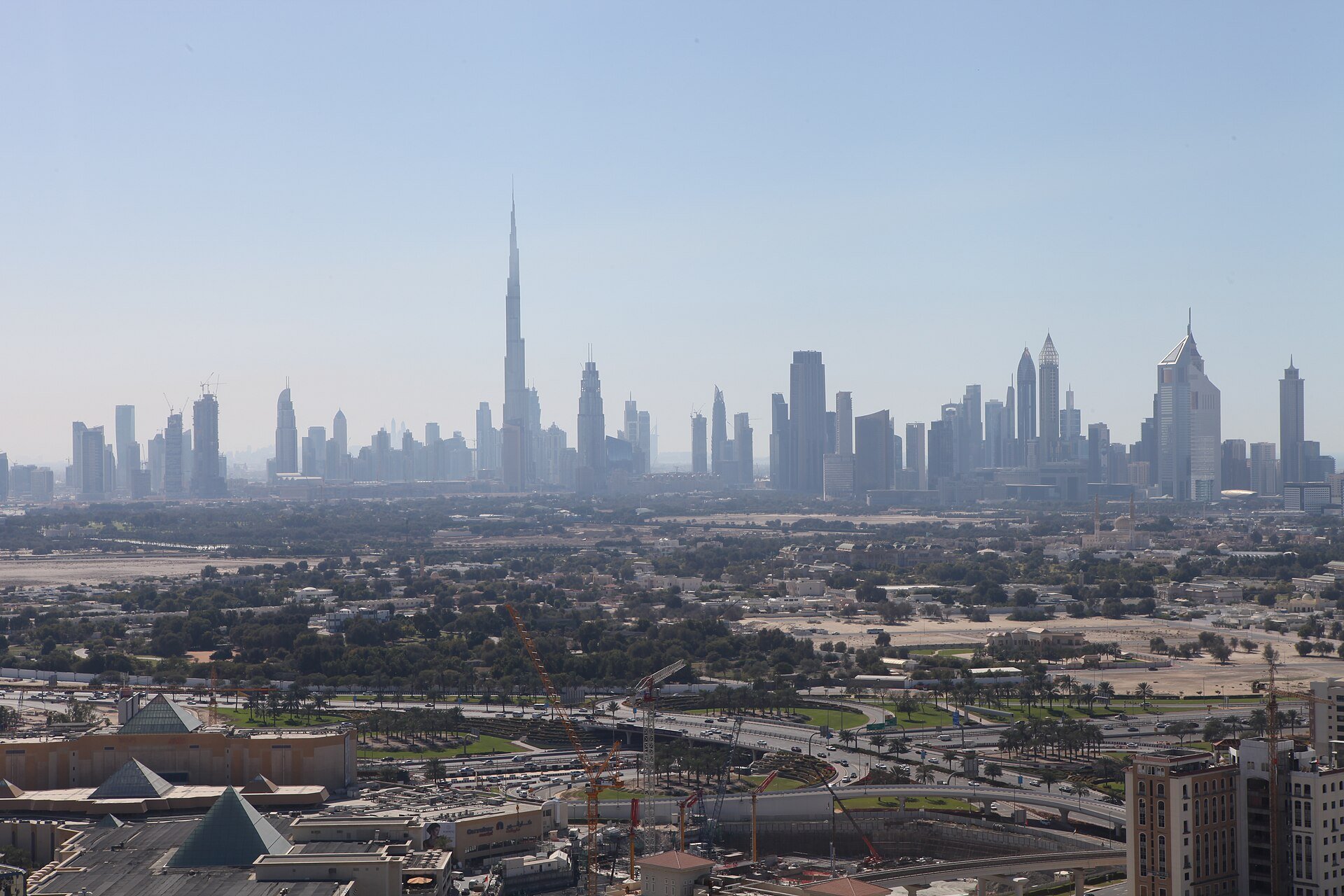 Dubai skyline with Burj Khalifa on a hot clear day