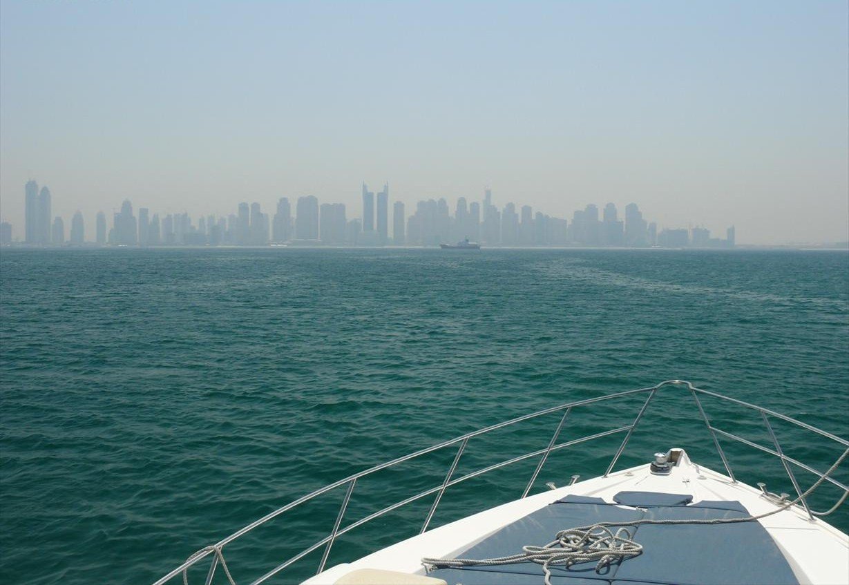 This is a photo showing the skyline of Dubai Marina, in Dubai, United Arab Emirates, on 7 September 2007 seen from a boat in the Arabian Gulf.