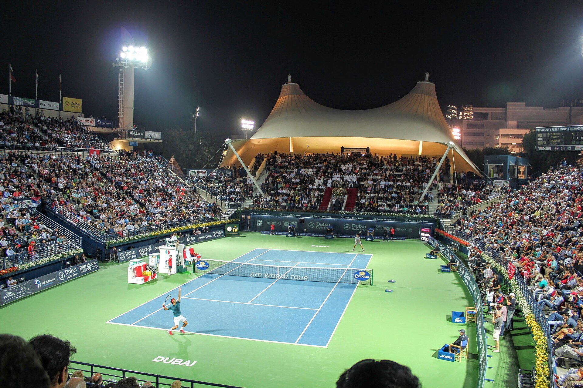 The 2014 Dubai Tennis Open late evening Semifinals, with Roger Federer and Novak Djokovic. Federer won the match and went on to win the 2014 Dubai Tennis Championships.