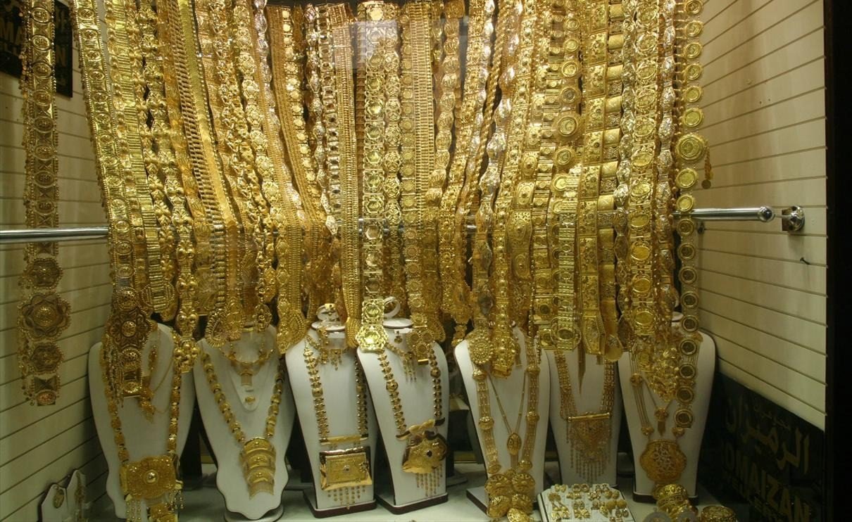 This is a photo showing gold on display in a window in the Dubai Gold Souk in Deira, Dubai, United Arab Emirates on 31 May 2007.