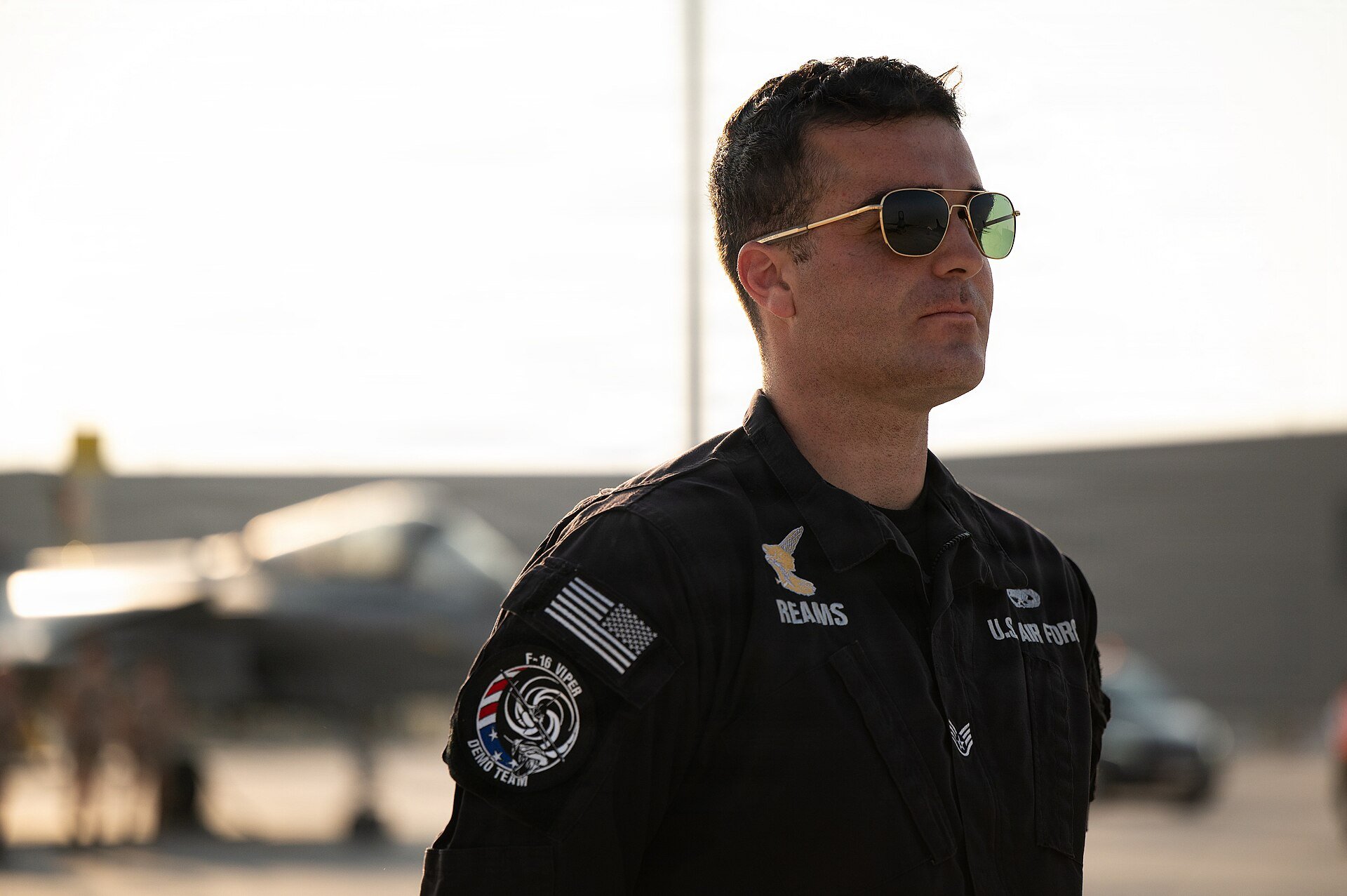 U.S. Air Force Staff Sgt. Grayson Reams, F-16 Viper Demonstration Team electrical and environmental systems specialist, performs preflight checks for a U.S. Air Force F-16C Fightin