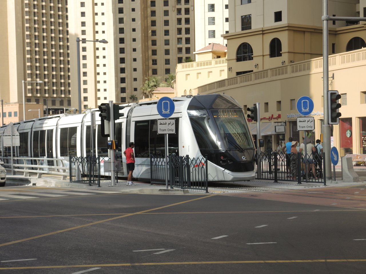 Dubai Tram at stop in Dubai Marina Nov 2014