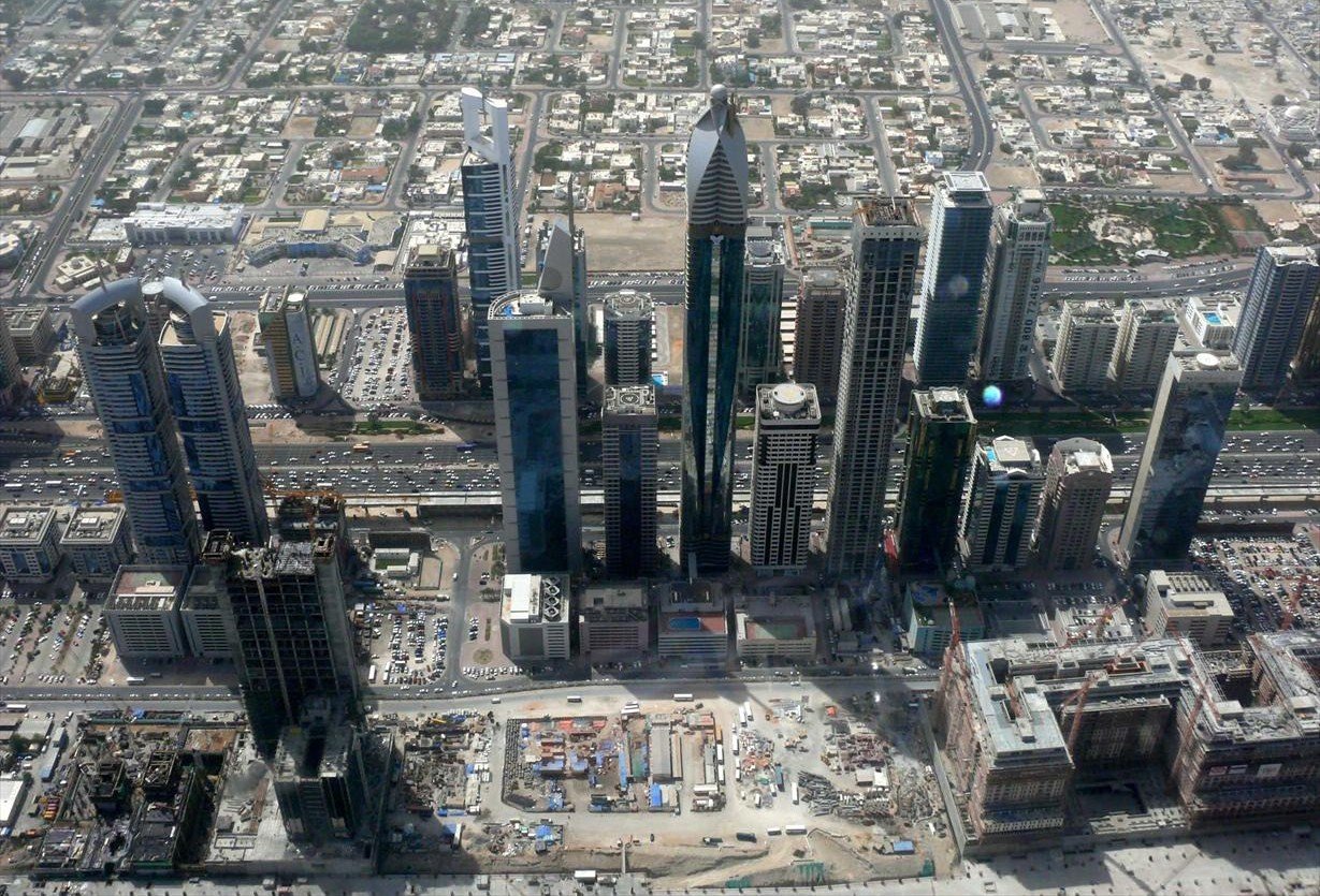 This is a photo of the skyline of Sheikh Zayed Road in Dubai, United Arab Emirates on 8 May 2008. The area at the bottom of the image is the Dubai International Financial Centre.