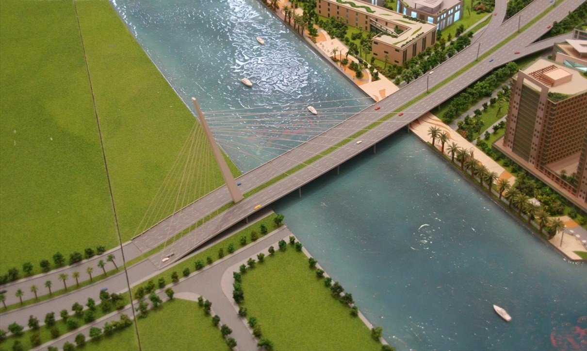 This is a detailed photo of a bridge connecting Deira Island with mainland Deira. Deira Island is a part of The Palm Deira located in Dubai, United Arab Emirates. The model was o