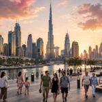 Dubai skyline at sunset with tourists