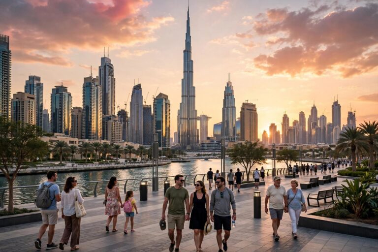 Dubai skyline at sunset with tourists