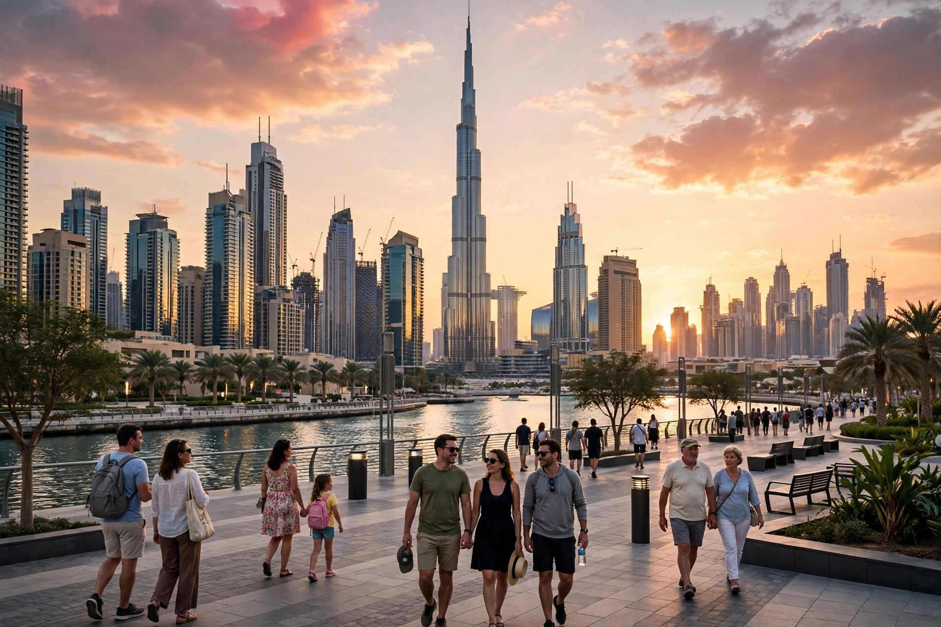 Dubai skyline at sunset with tourists
