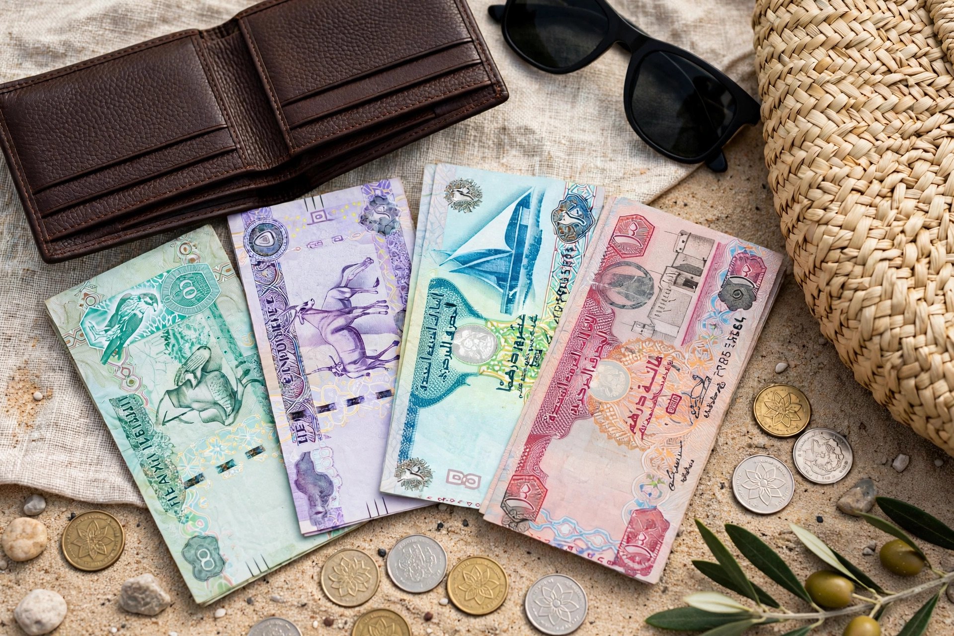 UAE dirham banknotes and a wallet