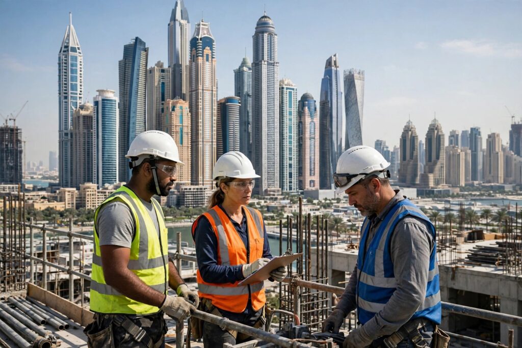 Workers in front of modern city towers