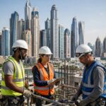 Workers in front of modern city towers