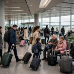 Airport transit lounge with waiting passengers