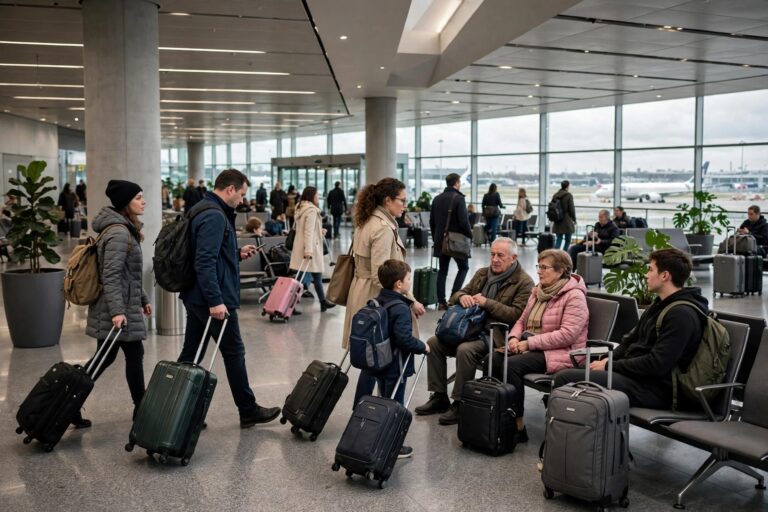 Airport transit lounge with waiting passengers