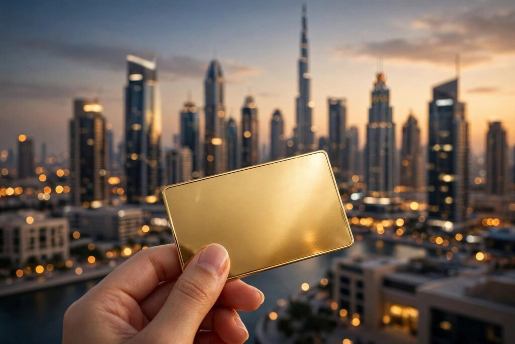 Golden visa card against a luxury Dubai skyline