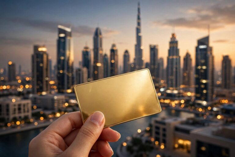Golden visa card against a luxury Dubai skyline