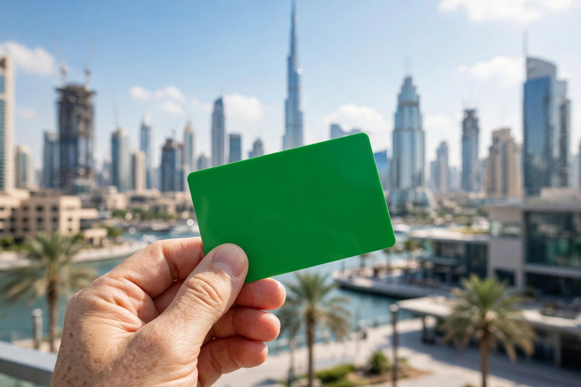 Green residency card against the Dubai skyline
