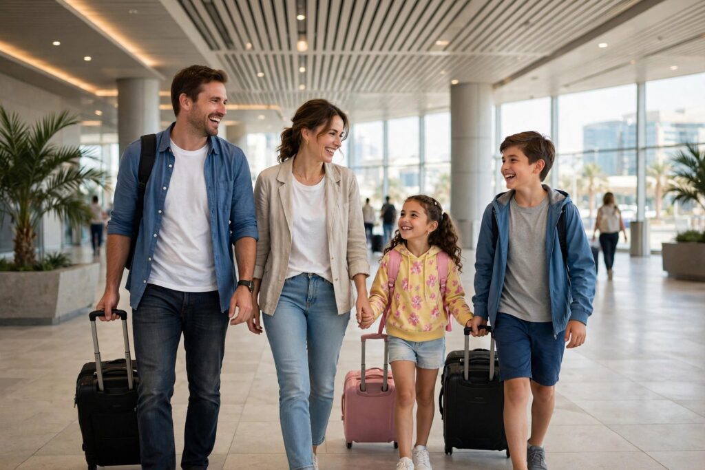 Family arriving at Dubai airport