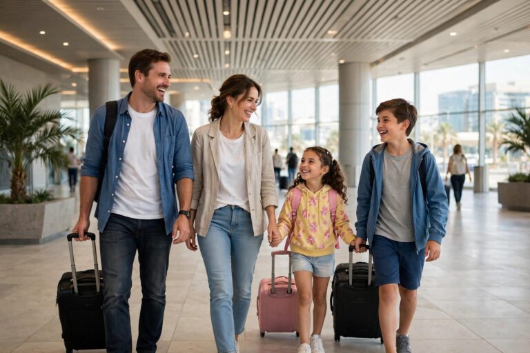 Family arriving at Dubai airport