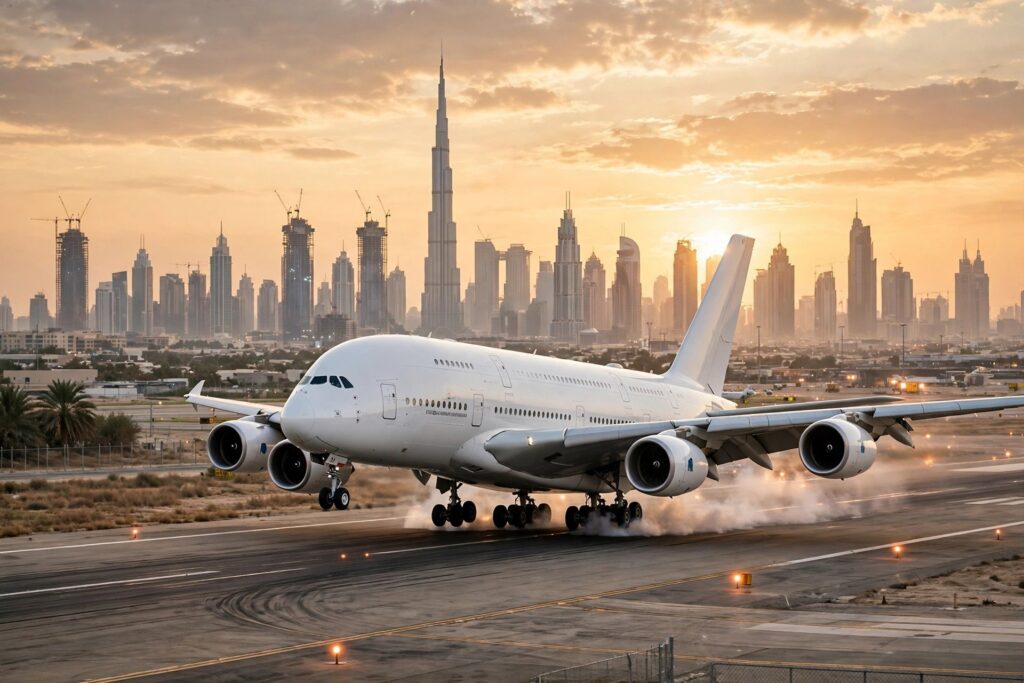 Airplane landing with Dubai in the background