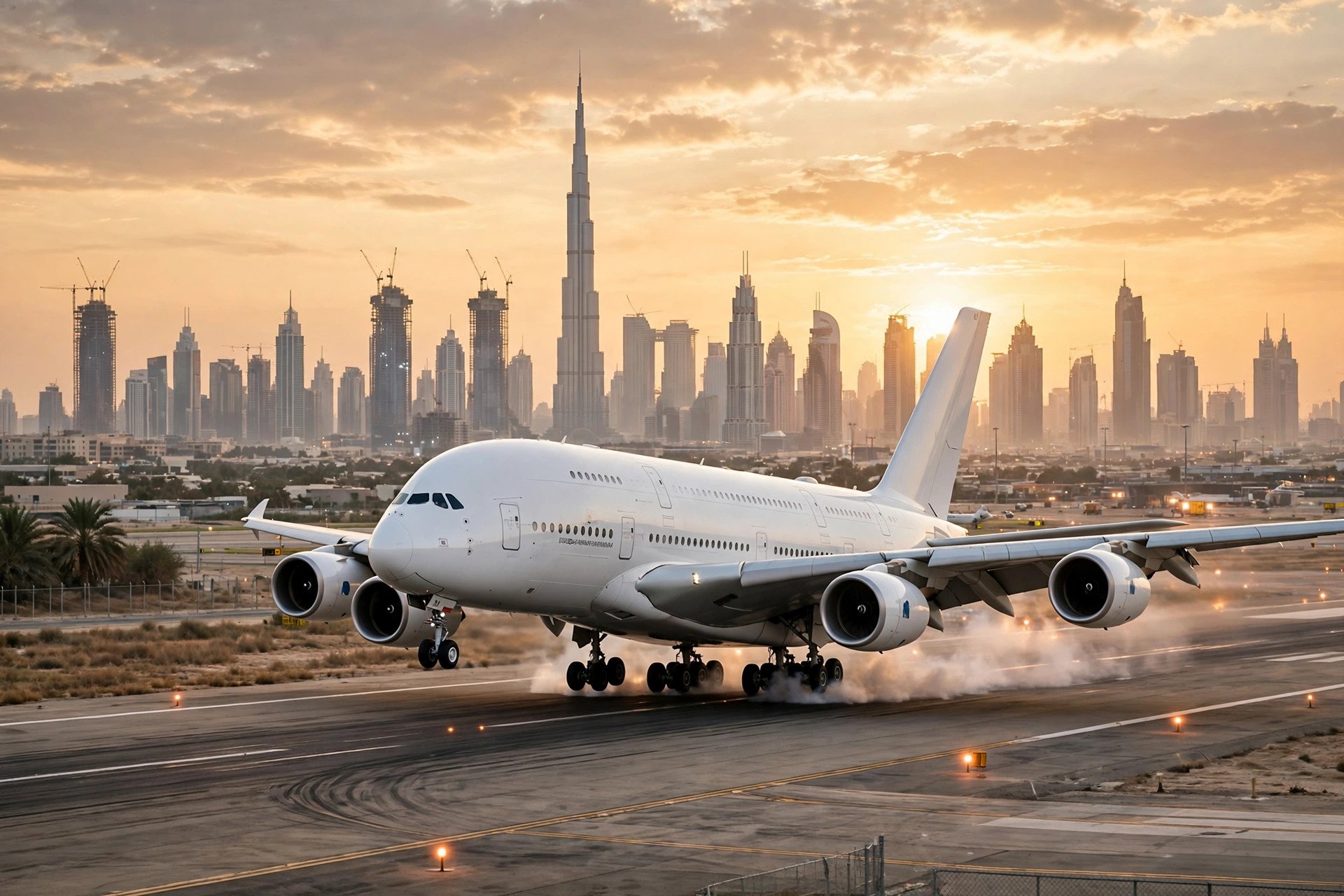 Airplane landing with Dubai in the background