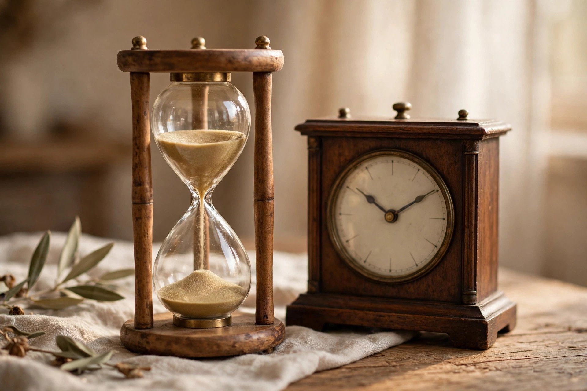 Hourglass and clock showing processing time