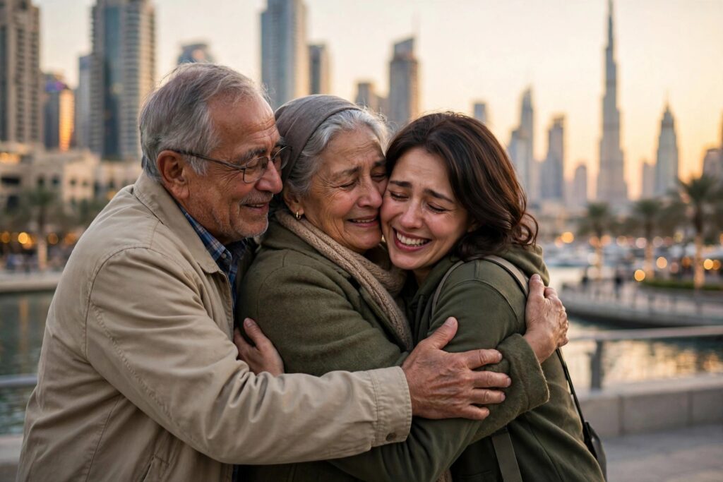 Elderly parents reuniting with family