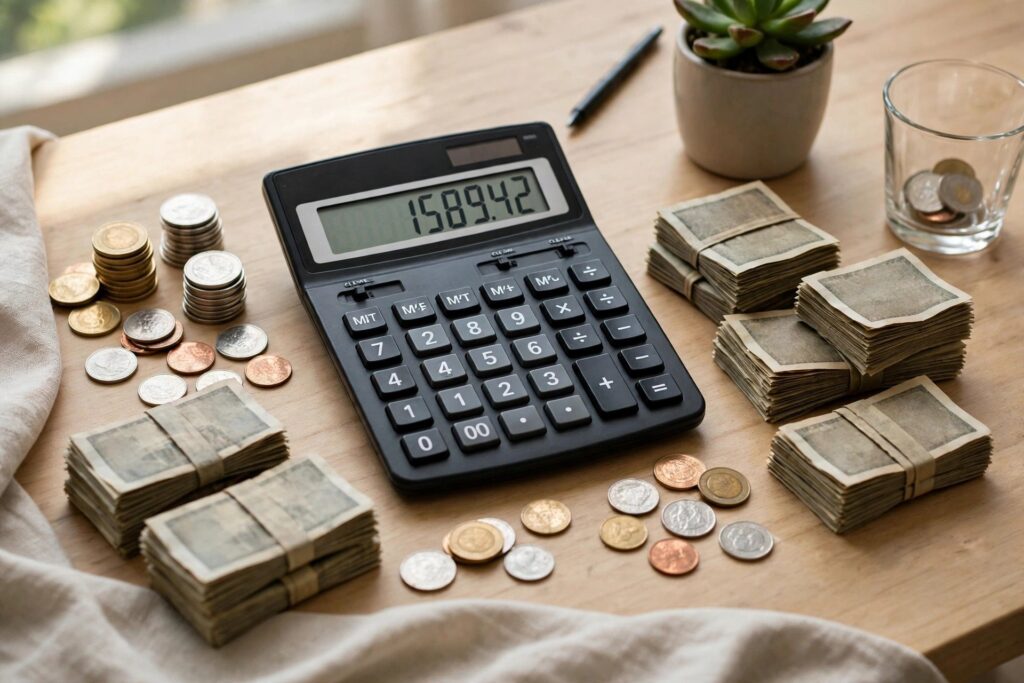Calculator and money planning a visa budget