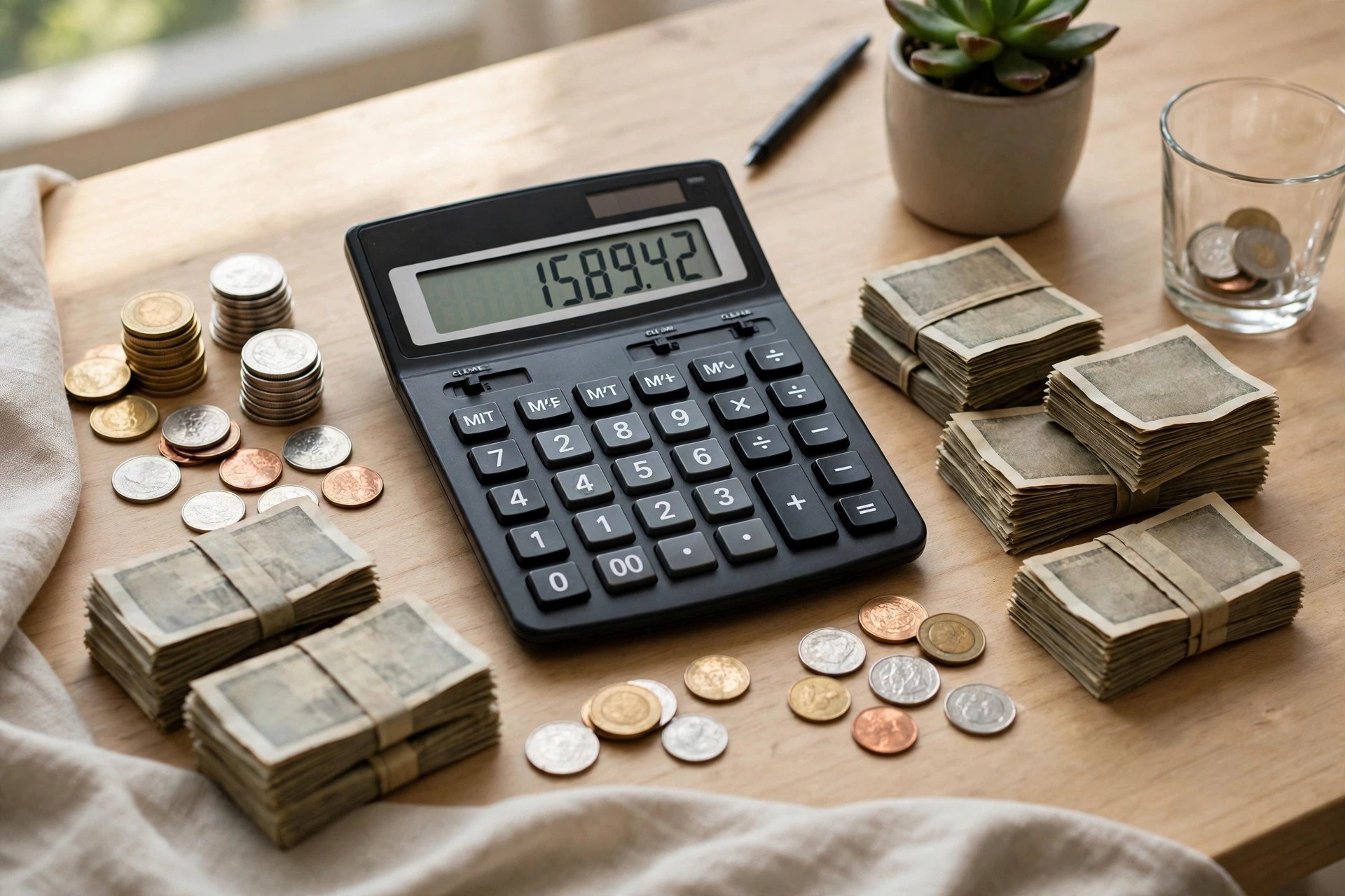 Calculator and money planning a visa budget
