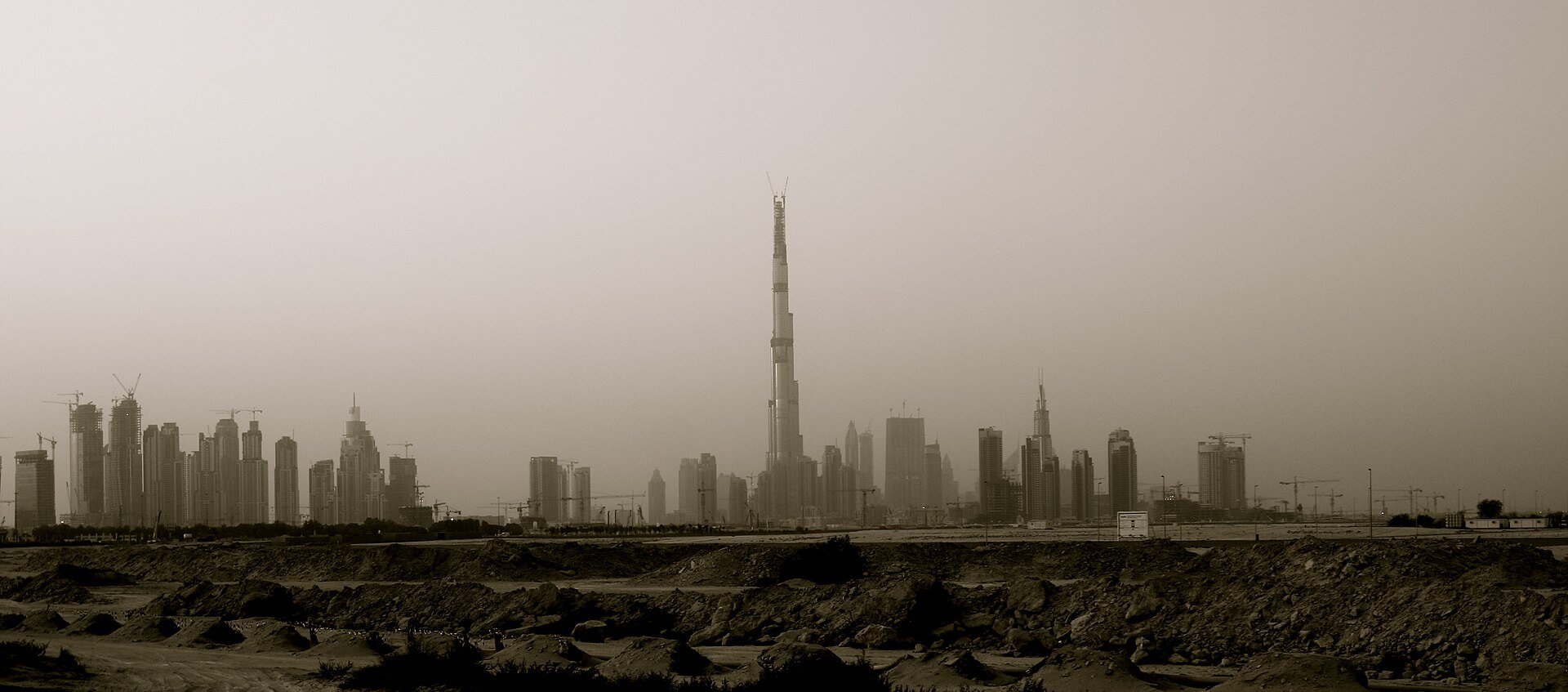 Dubai skyline in fog.