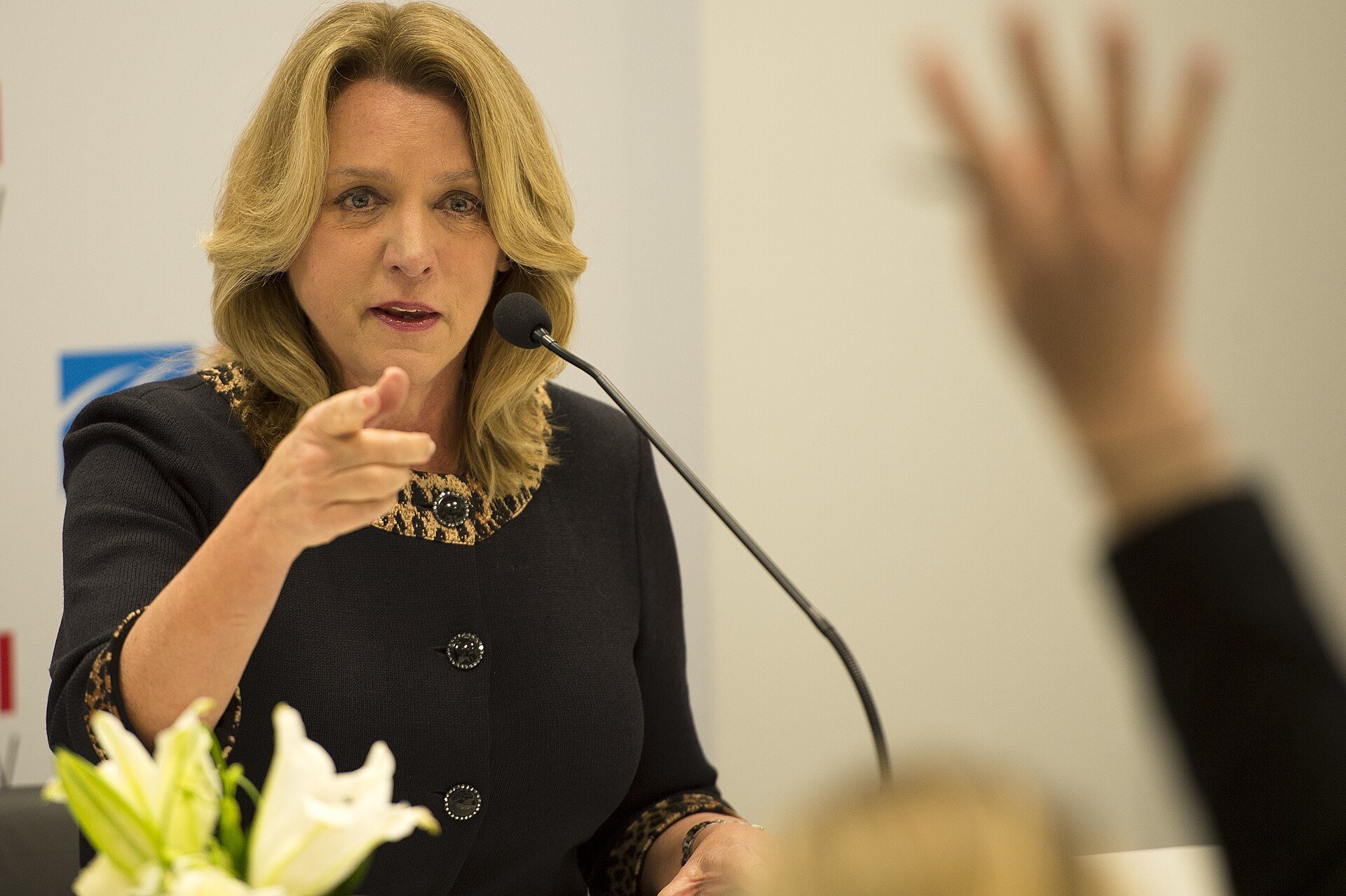 Secretary of the Air Force Deborah Lee James answers questions during a press conference on Nov. 10, 2015 at the 2015 Dubai Air Show, United Arab Emirates. Secretary James spent th
