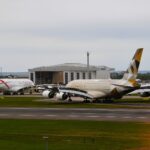 Etihad flight EY 67, operated by Airbus A380 A6-API, arriving from Abu Dhabi, and Emirates flight EK 3, operated by Airbus A380 A6-EOI, arriving from Dubai.
