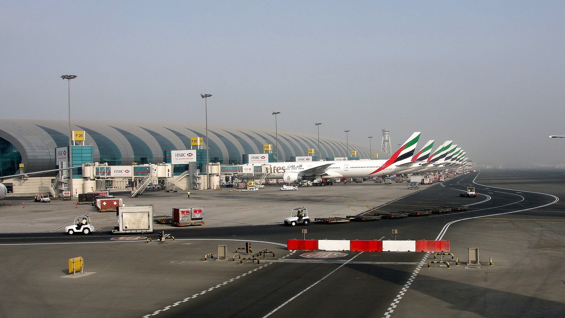 Dubai International Airport Terminal three viewed from a taxing aircraft
