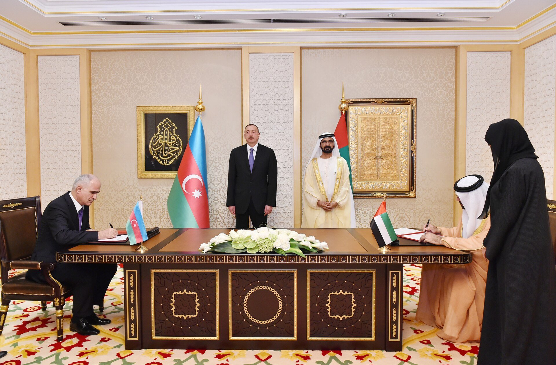 A ceremony of signing the documents between the Republic of Azerbaijan and the UAE has been held with the participation of Azerbaijani President Ilham Aliyev and VP and PM of the U
