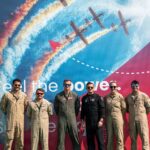 U.S. Air Force pilots pose for a photo during the Dubai Airshow 2025 Meet a Pilot event at the at Al Maktoum International Airport in Dubai, United Arab Emirates, Nov. 18, 2025. Th