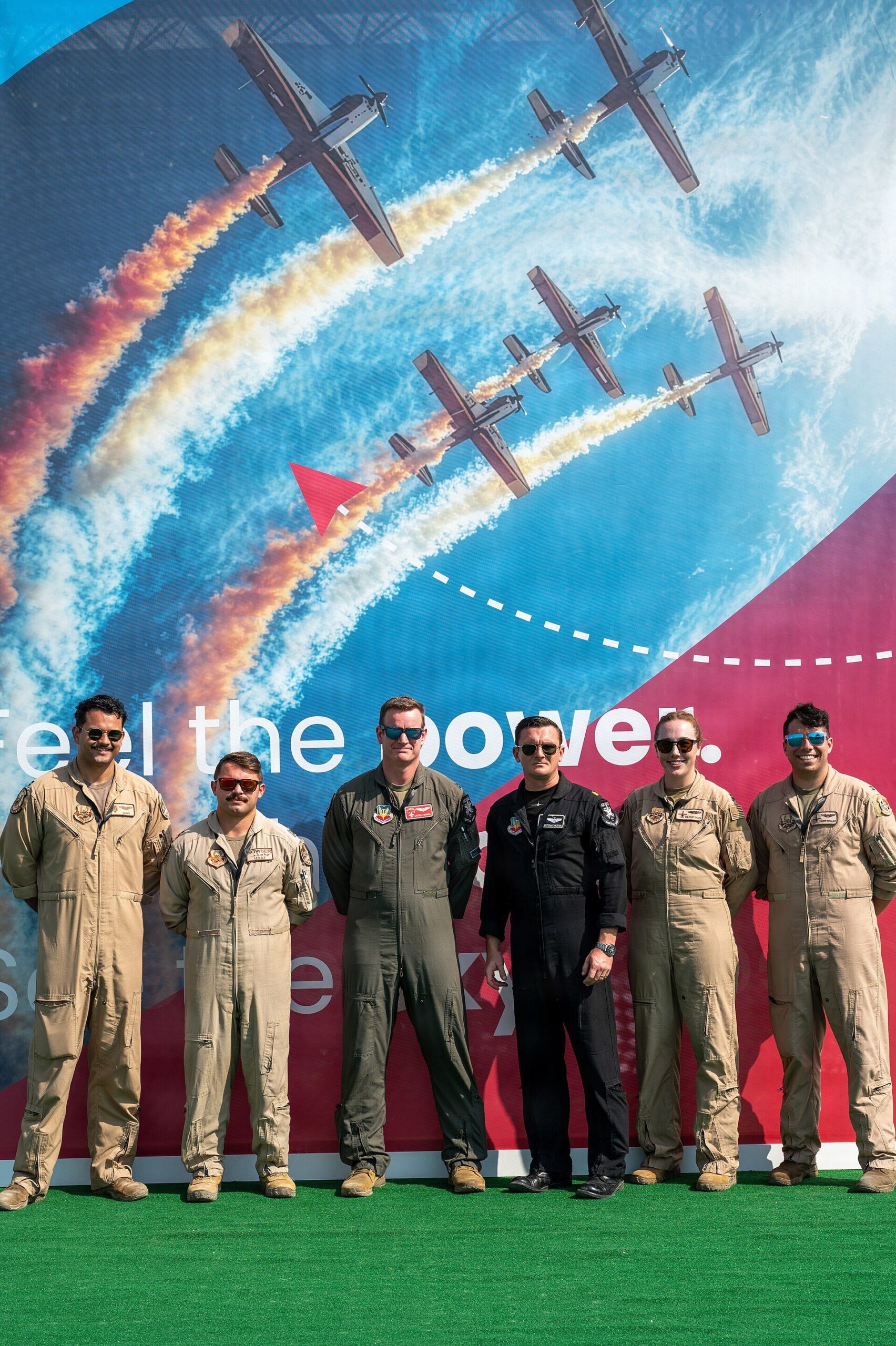 U.S. Air Force pilots pose for a photo during the Dubai Airshow 2025 Meet a Pilot event at the at Al Maktoum International Airport in Dubai, United Arab Emirates, Nov. 18, 2025. Th