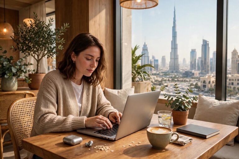 Freelancer working on a laptop in a cafe