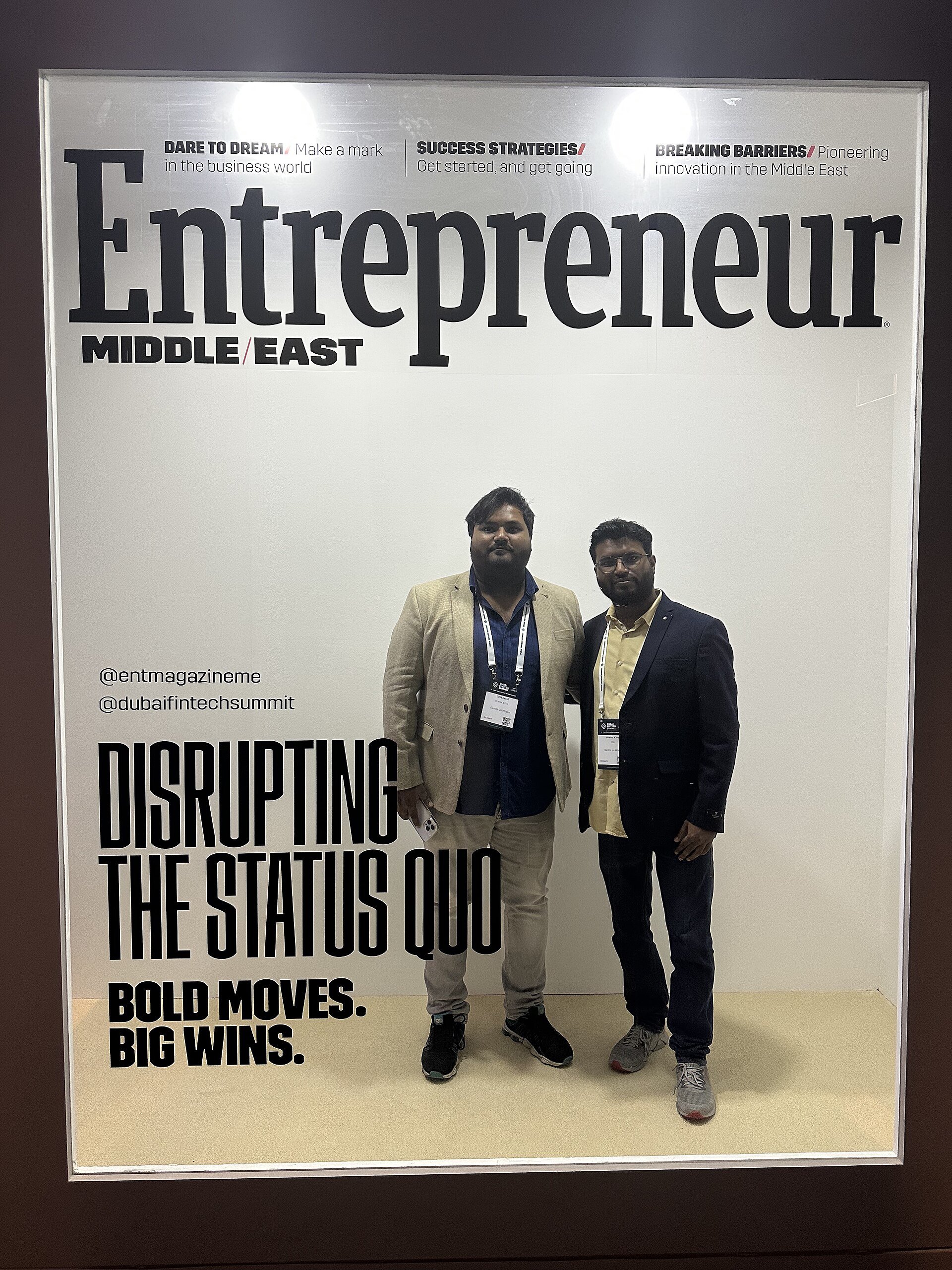 Dr Ishit Karoli & Er Ishaant Karoli representing Dentist On Wheels at Entrepreneur Magazine (Middle East) in Dubai Fintech Summit, 2023.