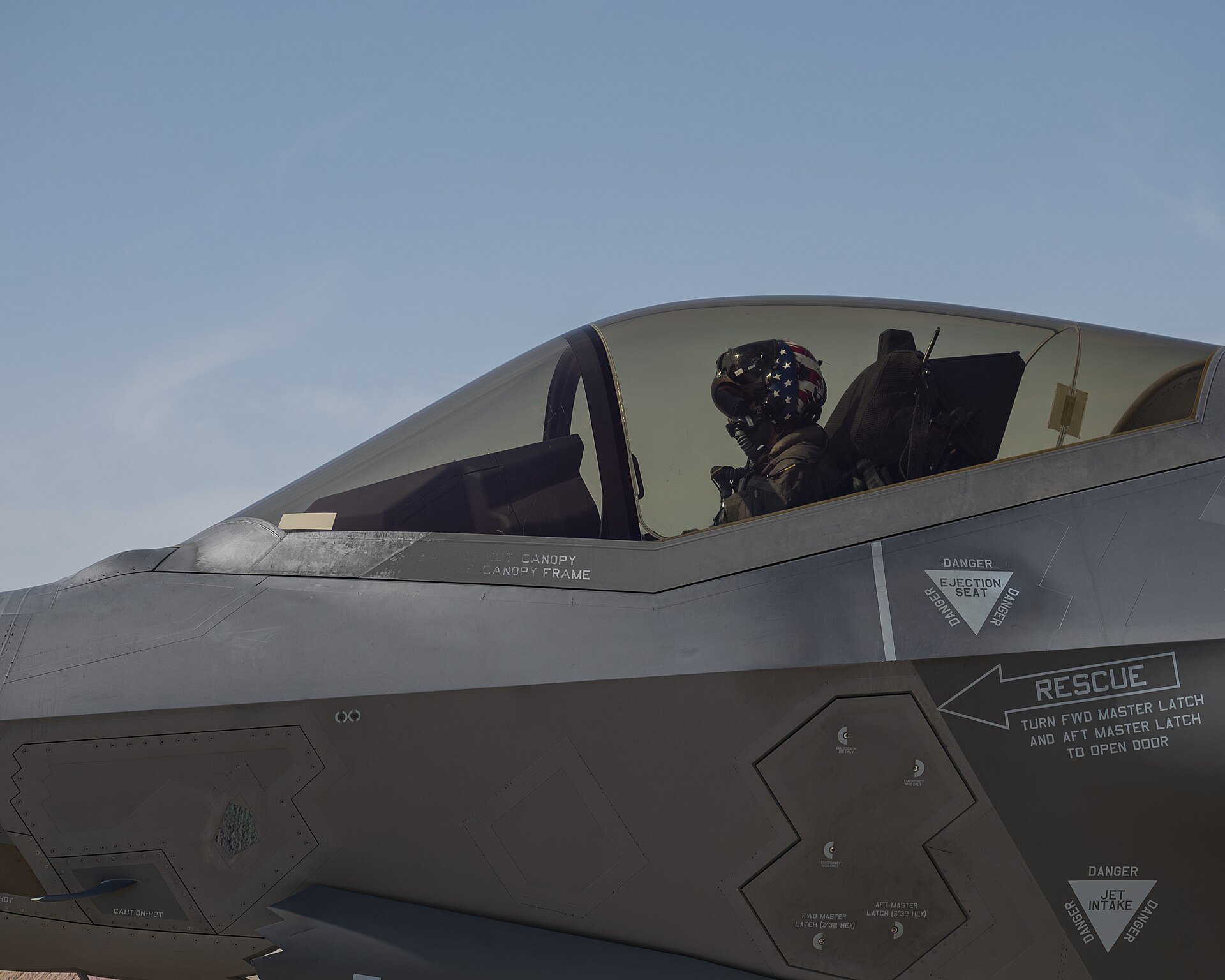 U.S. Air Force Maj. Melanie "Mach" Kluesner, the pilot assigned to the F-35A Lightning II Demonstration Team, conducts pre-flight checks before takeoff at Al Dhafra Air Base, Unite